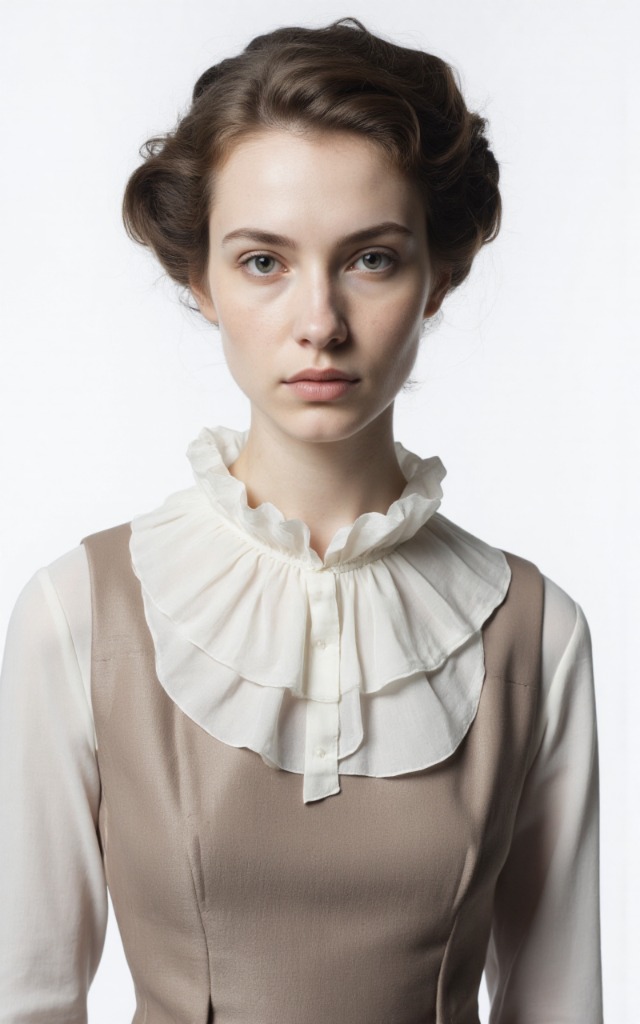 A French female model wearing a dress with a Tiered collar, white background, front   facing bust portrait